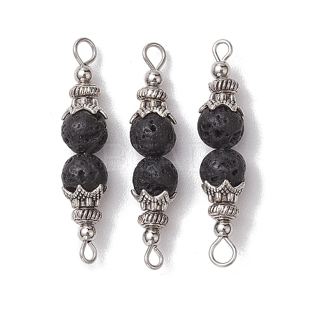 10Pcs Natural Lava Rock Round Beaded Connector Charms PALLOY-JF02715-S-1