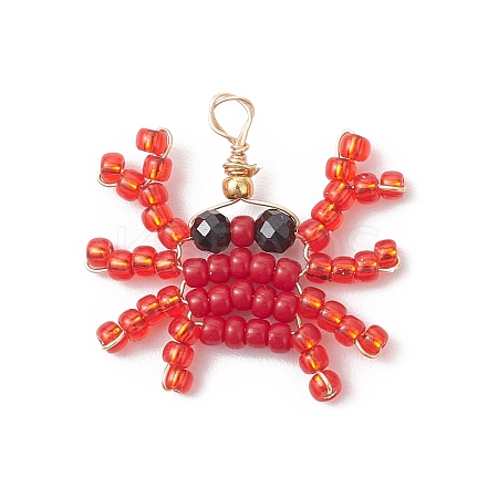 Copper Wire Wrapped Faceted Natural Black Spinel and Glass Seed Beaded Sea Animals Pendants PALLOY-MZ01087-1