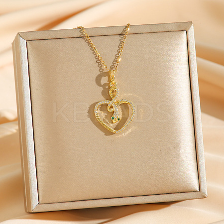 Brass Micro Pave Clear Cubic Zirconia Heart Snake Pendants Necklaces LS-NJEW-K280-04G-1