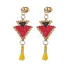 Glass Seed Braided Triangle with Cotton Tassel Dangle Stud Earrings EJEW-MZ00043-1
