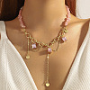 Natural Rose Quartz Chip Beaded Necklaces with Alloy Glass Rectangle Charms WGDF26A-08-2