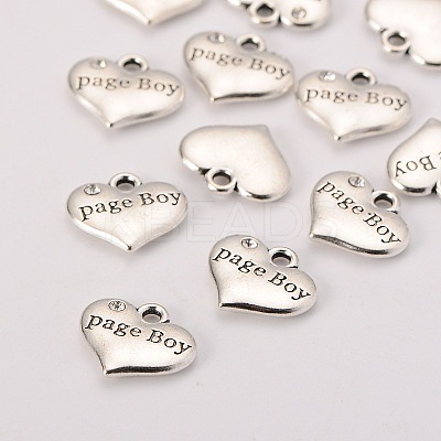 Wedding Theme Antique Silver Tone Tibetan Style Heart with Page Boy Rhinestone Charms X-TIBEP-N005-14B-1