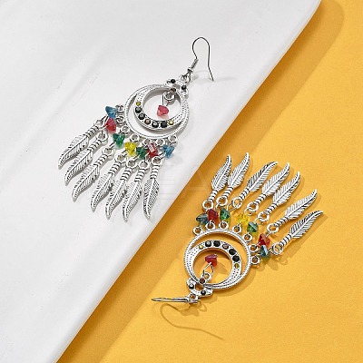 Ring & Feather Alloy & Glass Chandelier Earrings EJEW-G426-01AS-1