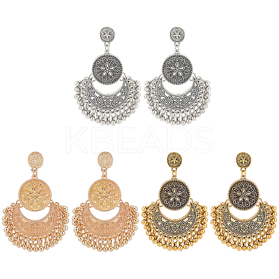 3 Pairs 3Colors Alloy Moon with Flower Chandelier Earrings EJEW-AN0003-88-1