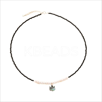 Cute Cat Head Pendant Silver Black Tourmaline Freshwater Pearl Necklace MQ9984-1