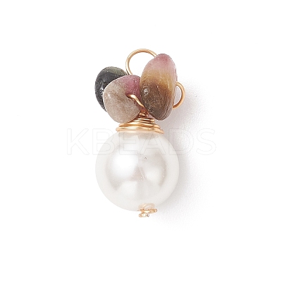 Natural Tourmaline Chip with Copper Wire Wrapped Shell Pearl Pendants PALLOY-JF04951-01-1