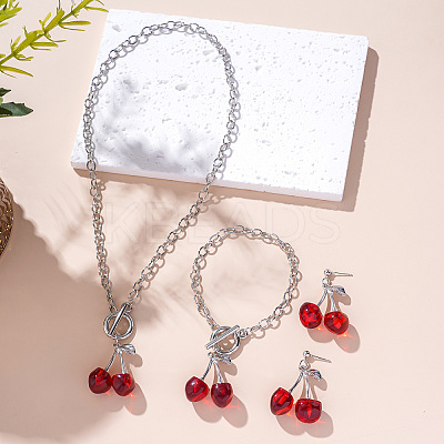 Cherry Zinc Alloy & CCB Plastic & 304 Stainless Steel & Iron Pendant Necklaces & Charm Bracelets & Stud Dangle Earrings Sets FS-WGA613B-02-1