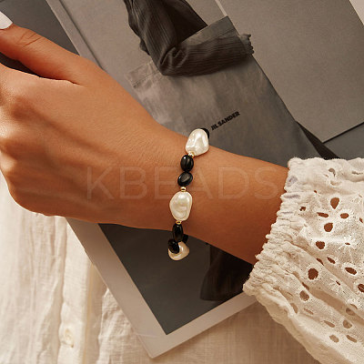 Natural Black Obsidian & Baroque Shell Pearl Beaded Bracelets BJEW-L692-005G-1