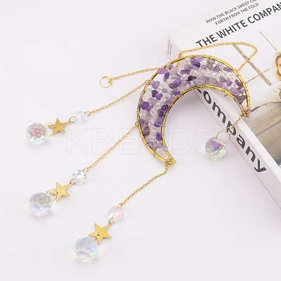 Copper Wire Wrapped Natural Amethyst Chips Moon Suncatcher HJEW-H065-02G-02-1