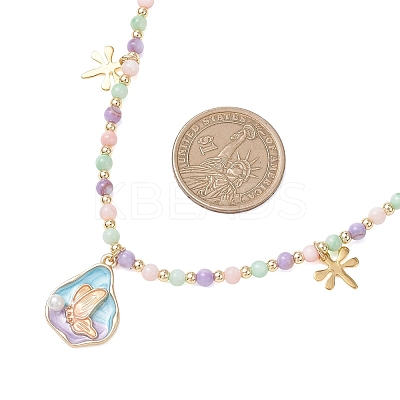 Natural Shell Bead & 304 Stainless Steel Dragonfly & 
Alloy Enamel Teardrop with Butterfly Pattern Pendant Necklace & Charm Bracelets Sets SJEW-JS01376-1