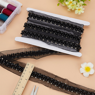 1.9 Yards Grenadine Mesh Lace Trim with Resin Beads and Rhinestone OCOR-FG0002-98A-1