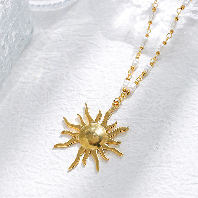 304 Stainless Steel with ABS Imitation Pearl Sun Pendant Necklaces NJEW-Z107-01G-1