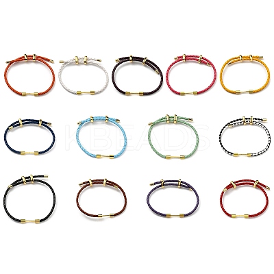 Brass Column Bar Link Bracelet with Leather Cords BJEW-G675-05G-1