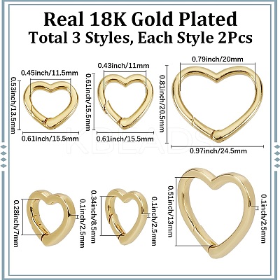 6Pcs 3 Styles Rack Plating Heart Brass Spring Gate Rings KK-SC0006-11-1