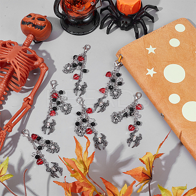 8Pcs Halloween Spider & Web Acrylic & Alloy Pendant Decoration HJEW-SC0001-79-1