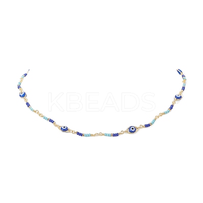 Brass Evil Eye & Glass Beaded Chain Necklace NJEW-JN04312-1