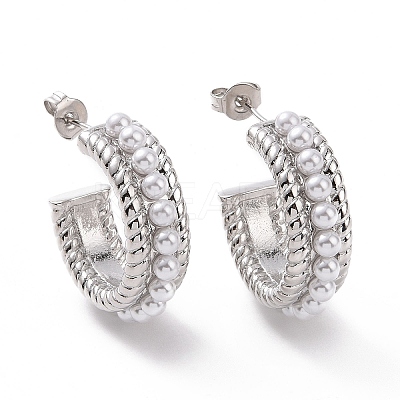 ABS Plastic Pearl Beaded C-shape Stud Earrings EJEW-G339-04P-1