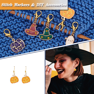 Halloween Theme Alloy Enamel Ghost & Witch Hat & Pumpkin Charm Locking Stitch Markers HJEW-PH01714-1