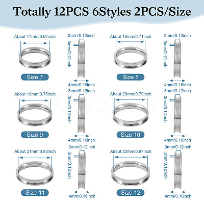 12Pcs 6 Size 201 Stainless Steel Grooved Finger Ring Settings RJEW-TA0001-06P-1