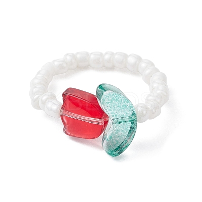 Tulip Flower Glass Seed Beaded Stretch Rings for Women RJEW-JR00596-1