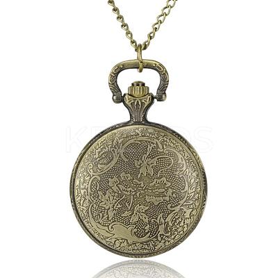 Filigree Flat Round Alloy Quartz Pocket Watches WACH-N039-14AB-1