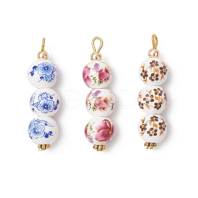 3Pcs Handmade Flower Printed Porcelain Ceramic Pendants PALLOY-JF03974-1