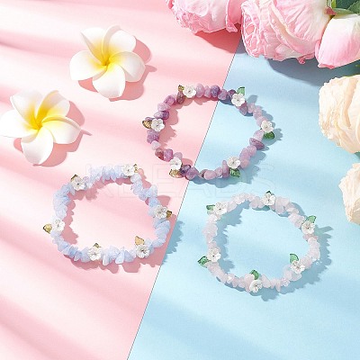 3Pcs Natural Rose Quartz & Dyed Aquamarine & Lepidolite Chip Beaded Stretch Bracelets for Women BJEW-JB12311-1