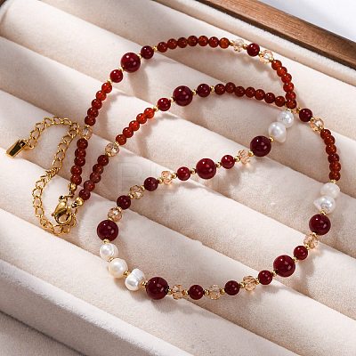 Natural Carnelian(Dyed & Heated) & Rhodochrosite & Freshwater Pearl & Glass Beaded Necklaces NJEW-U026-24G-1