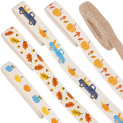 10 Yards 5 Styles Autumn Theme Printed Cotton & Burlap Ribbons OCOR-BC0005-44-1