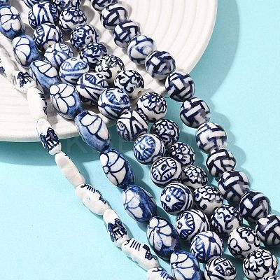 Handmade Blue and White Porcelain Ceramic Beads Strands PORC-L018-03-1