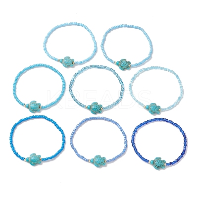8Pcs Glass Seed Beaded & Synthetic Turquoise Turtle Beaded Stretch Bracelets Set for Women BJEW-MZ00319-1