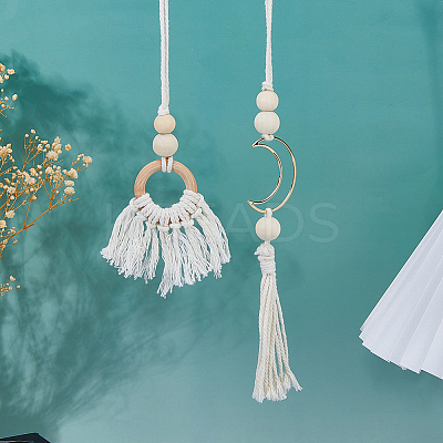 4Pcs 2 Styles Natural Wood Bead Tassel Pendant Decoraiton HJEW-FH00189-1