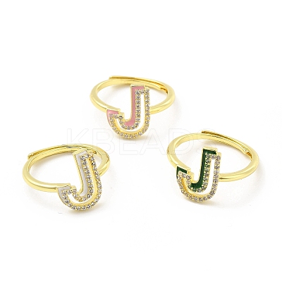 Mixed Color Enamel Initial Letter Adjustable Ring with Clear Cubic Zirconia RJEW-P045-01G-J-1