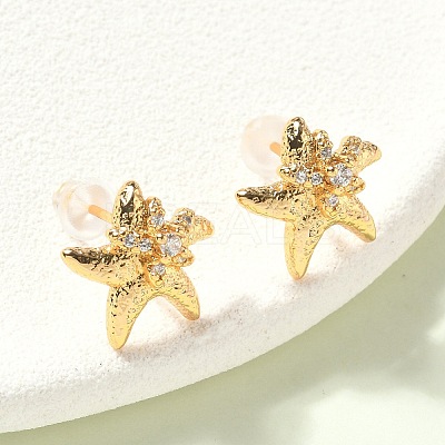 Starfish Brass Micro Pave Clear Cubic Zirconia Stud Earrings EJEW-Z152-03G-1
