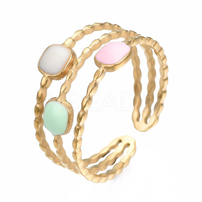 304 Stainless Steel Square Open Cuff Ring with Enamel RJEW-T023-52G-1
