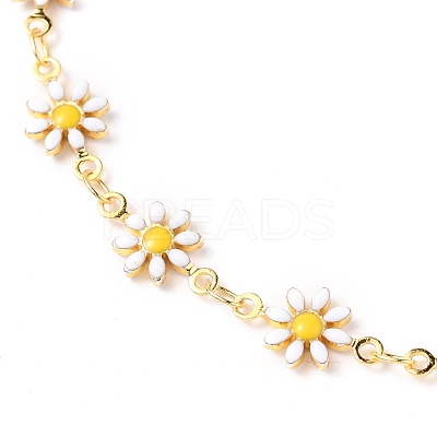Brass Enamel Daisy Link Chain Anklets AJEW-AN00337-1