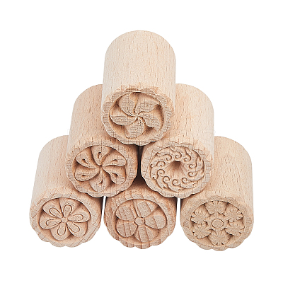 6Pcs 6 Styles Flower Pattern Round Wooden Traditional Chinese Moon Cake Molds AJEW-CA0004-25-1