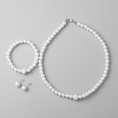 Imitation Pearl Plastic & Resin Round Beaded Necklace & Stretch Bracelet & Stud Earrings SJEW-WH0002-04-1