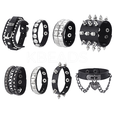 8Pcs 8 Styles PU Leather Cord Rivets Bracelets for Men BJEW-UN0001-61-1