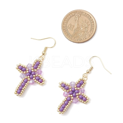 304 Stainless Steel Glass Seeds Cross Dangle Earrings EJEW-MZ00506-03-1