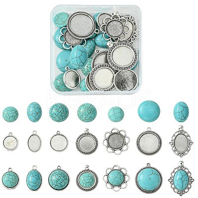 DIY Oval/Half Round Synthetic Turquoise & Tibetan Style Alloy Pendant Making Kits DIY-FS0006-12-1