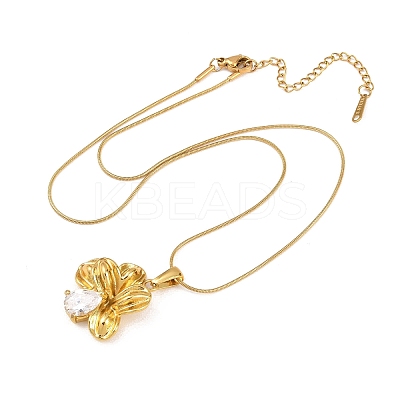 304 Stainless Steel Pave Clear Cubic Zirconia Flower Pendant Necklaces NJEW-H088-04G-1