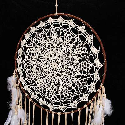 Handmade Round Cotton Woven Net/Web with Feather Wall Hanging Decoration HJEW-G015-02A-1