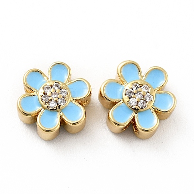 Flower Brass Micro Pave Clear Cubic Zirconia Beads KK-G419-06G-06-1