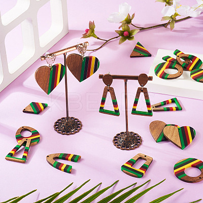 18Pcs 9 Styles Jamaican Colour Epoxy Resin & Walnut Wood Pendants RESI-TA0003-87-1