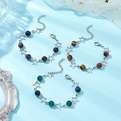 3Pcs Dyed Tiger Eye and Alloy Star Charms Link Bracelets for Women BJEW-TA00559-1