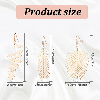 3 Pairs 3 Style Alloy Leaf Long Dangle Earrings for Women EJEW-AN0001-73-1