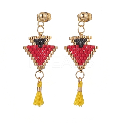 Glass Seed Braided Triangle with Cotton Tassel Dangle Stud Earrings EJEW-MZ00043-1