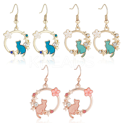 3 Pairs 3 Colors Resin Flower & Enamel Cat & Rhinestone Star Dangle Earrings EJEW-AN0001-88-1