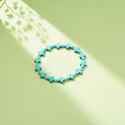 Synthetic Turquoise(Dyed) Cross Beaded Stretch Bracelet BJEW-JB08450-02-1